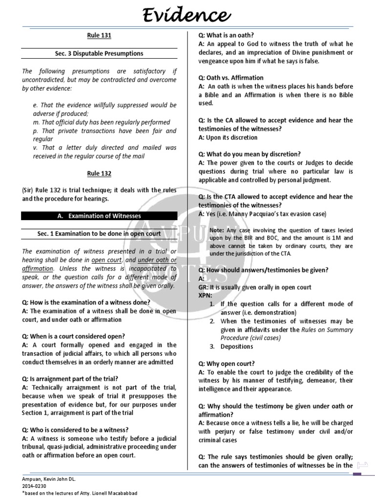 Law Rule 131 and 132 Final | PDF | Witness Impeachment | Witness