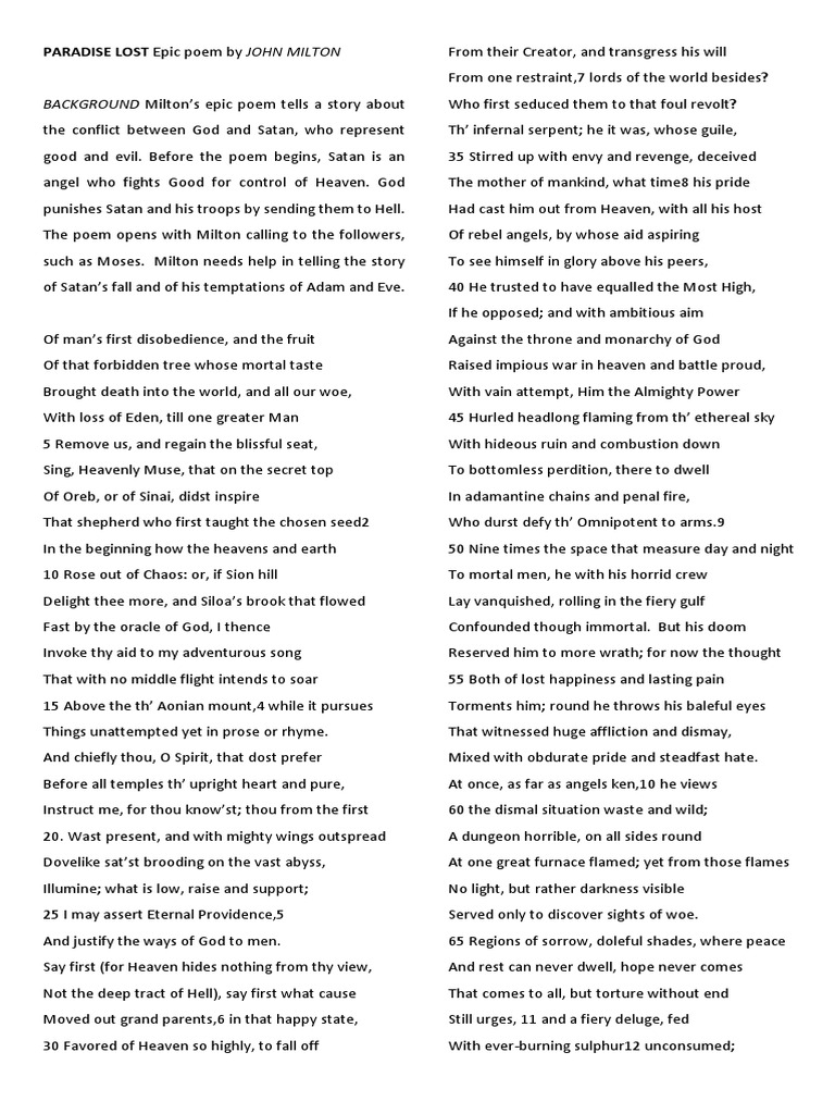 Paradise Lost Epic Poem by John Milton PDF Paradise Lost Prometheus