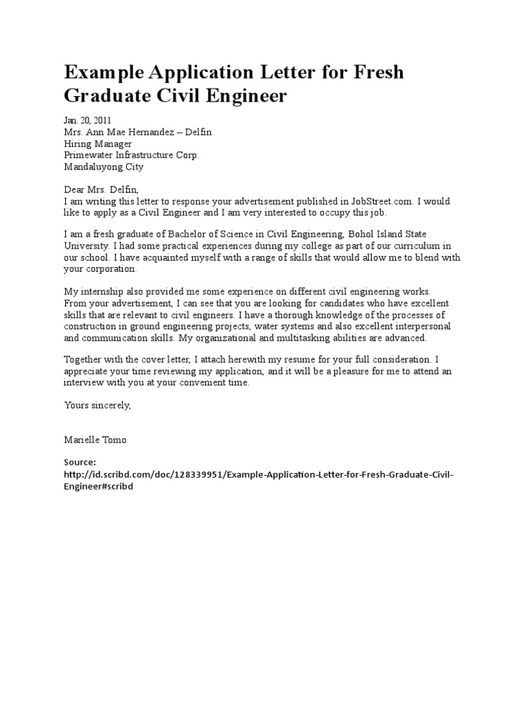 Example Application Letter for Fresh Graduate Civil Engineer