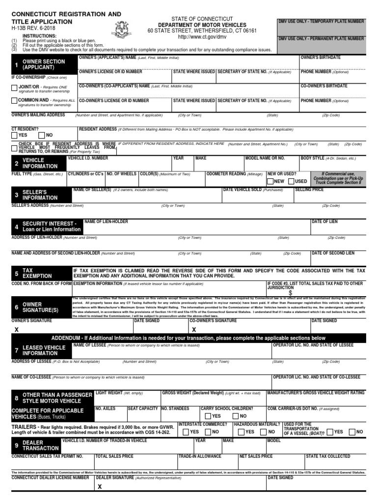Connecticut Registration and Title Application Department of Motor
