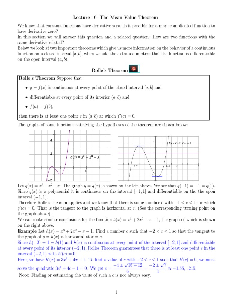 Mean Value Theorem PDF | PDF | Maxima And Minima | Derivative