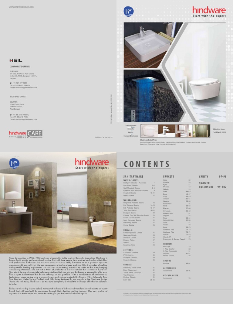 Hindware Catalogue Price List Sanitaryware Product and Fittings PDF