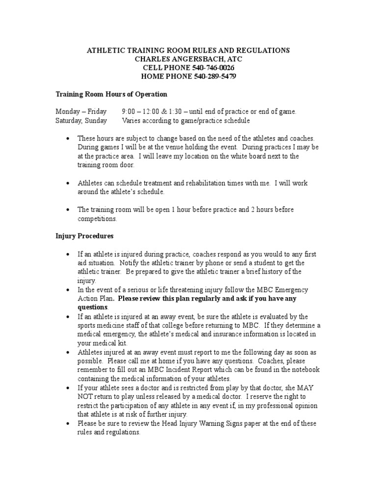 Athletic Training Room Rules and Regulations PDF Headache Health Sciences