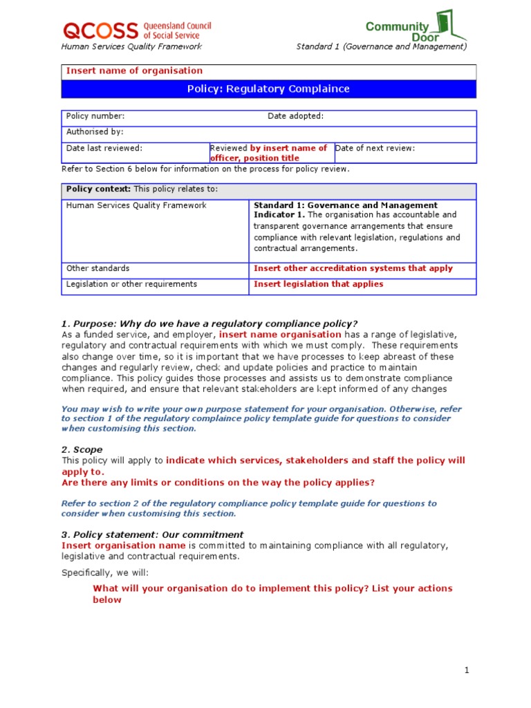 Regulatory Compliance Policy Template | PDF | Regulatory Compliance ...