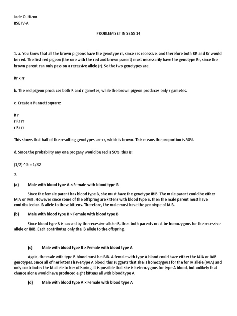 (A) Male With Blood Type A × Female With Blood Type B PDF Zygosity