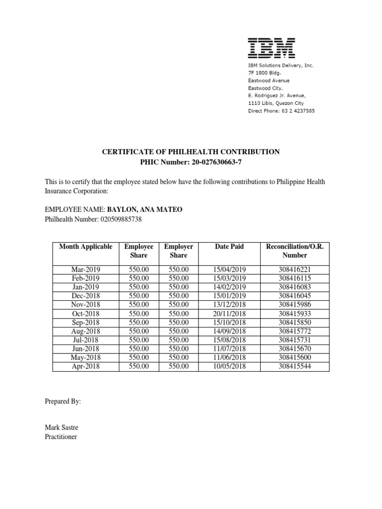 Certificate of Philhealth Contribution PHIC Number 200276306637 PDF