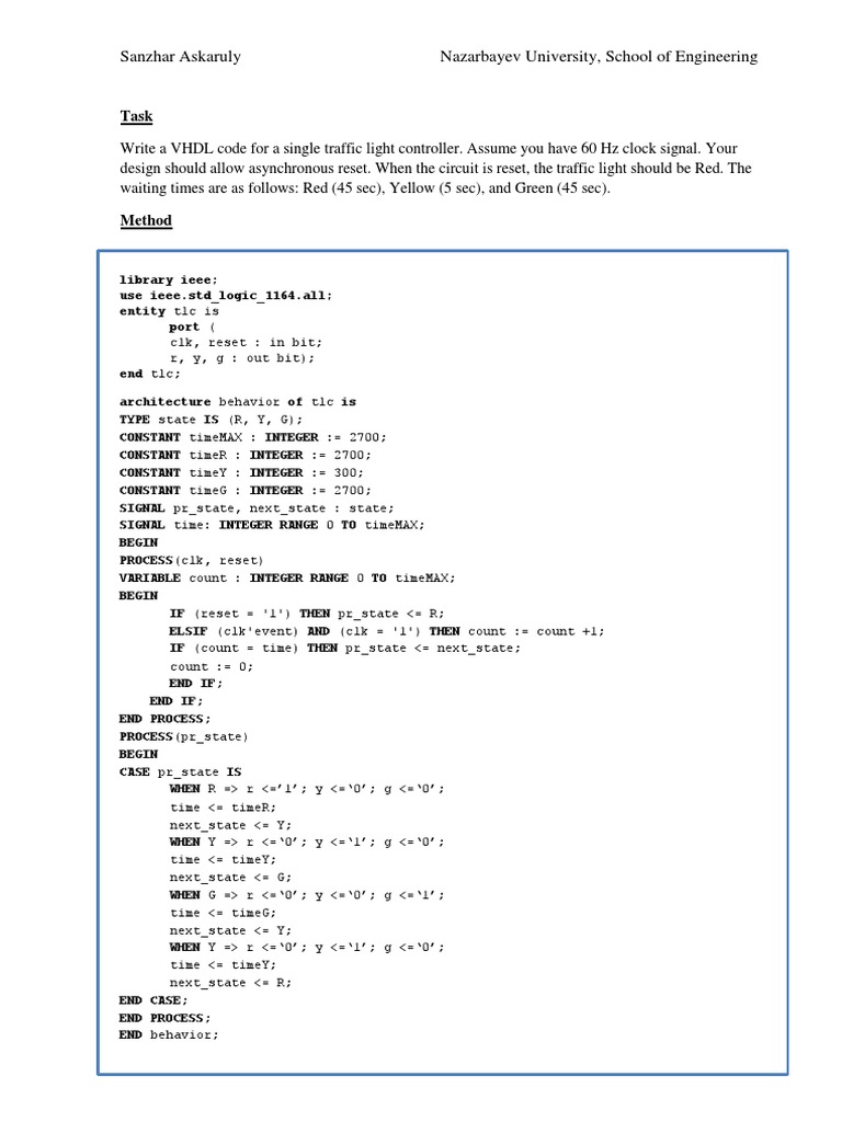 VHDL Code for Traffic Light Controller | PDF | Technology & Engineering
