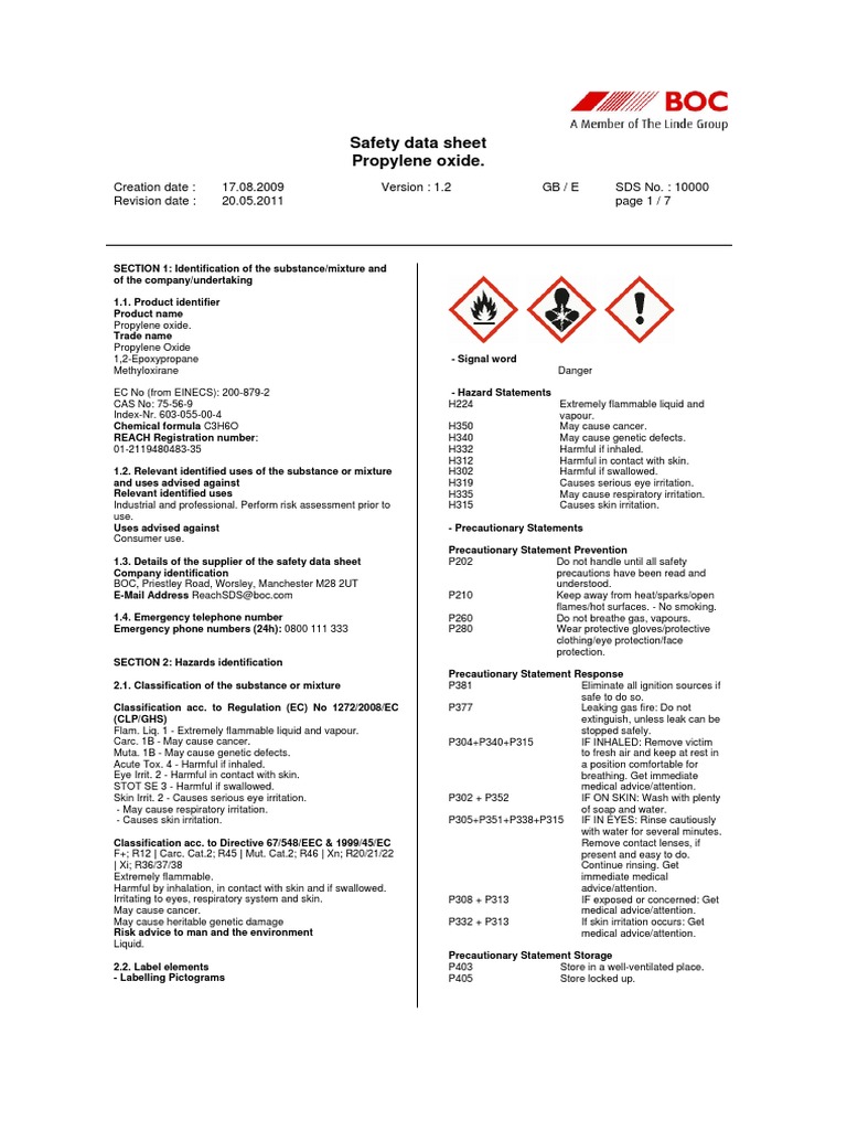Safety Data Sheet Propylene Oxide PDF Toxicity Personal