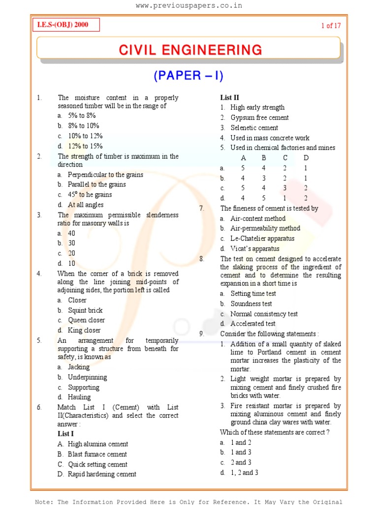 SSC JE Civil Engineering Question Paper | PDF | Bending | Mortar (Masonry)