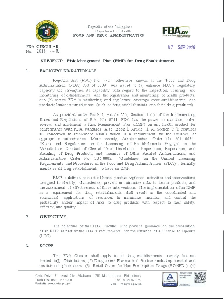 Editable RMP DOH 2019 | PDF | Risk Management | Food And Drug ...