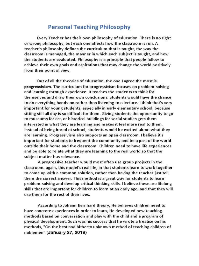 Personal Teaching Philosophy: Progressivism | PDF | Teachers | Classroom