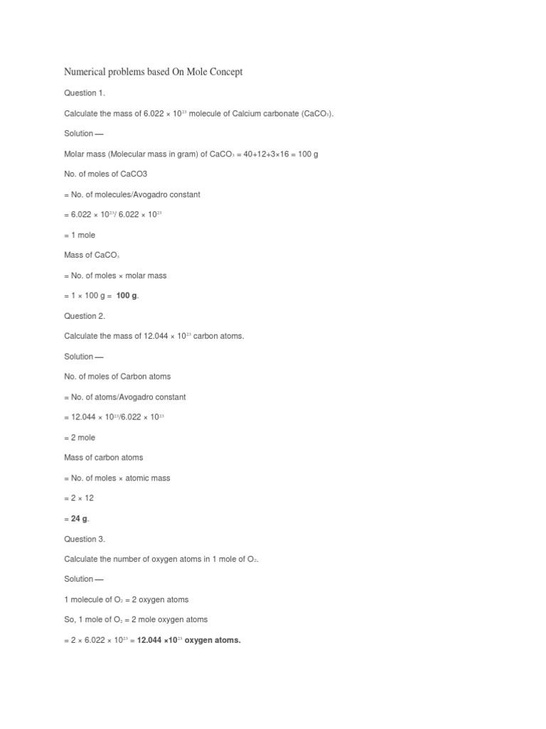 Numerical Problems Based On Mole Concept: Oxygen Atoms | PDF | Mole ...