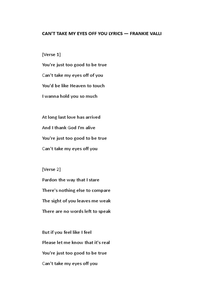 Can T Take My Eyes Off You Lyrics Frankie Valli