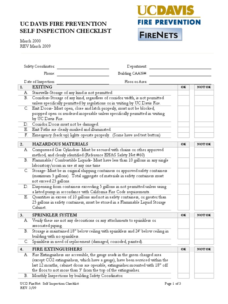 IRE ETS Uc Davis Fire Prevention Self Inspection Checklist Fire