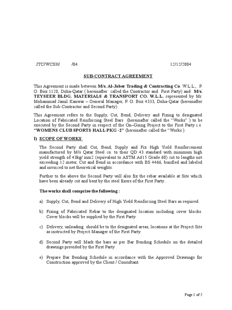 Sub-Contract for Reinforcing Steel Work | PDF | Government | Business