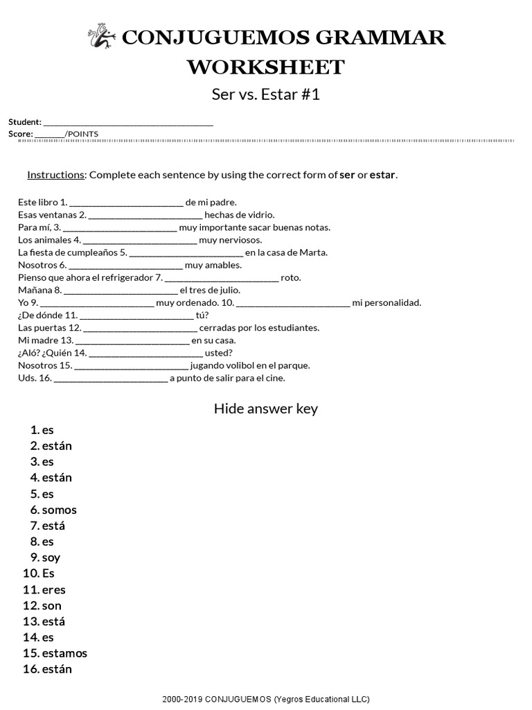 Ser vs. Estar #20 - Conjuguemos PDF  PDF Inside Ser Estar Worksheet Answers