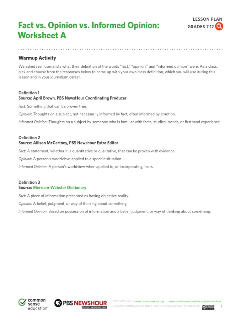 Distinguishing Fact from Opinion A Lesson Plan for Teaching Journalism