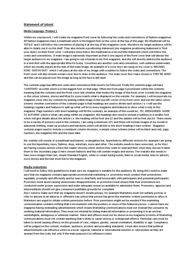 Statement of Intent | PDF | Hyperlink | Magazines
