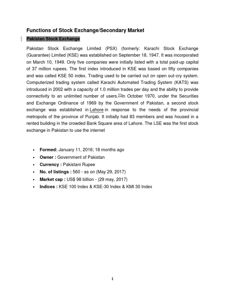 Functions of Pakistan Stock Exchange | PDF | Stocks | Securities (Finance)