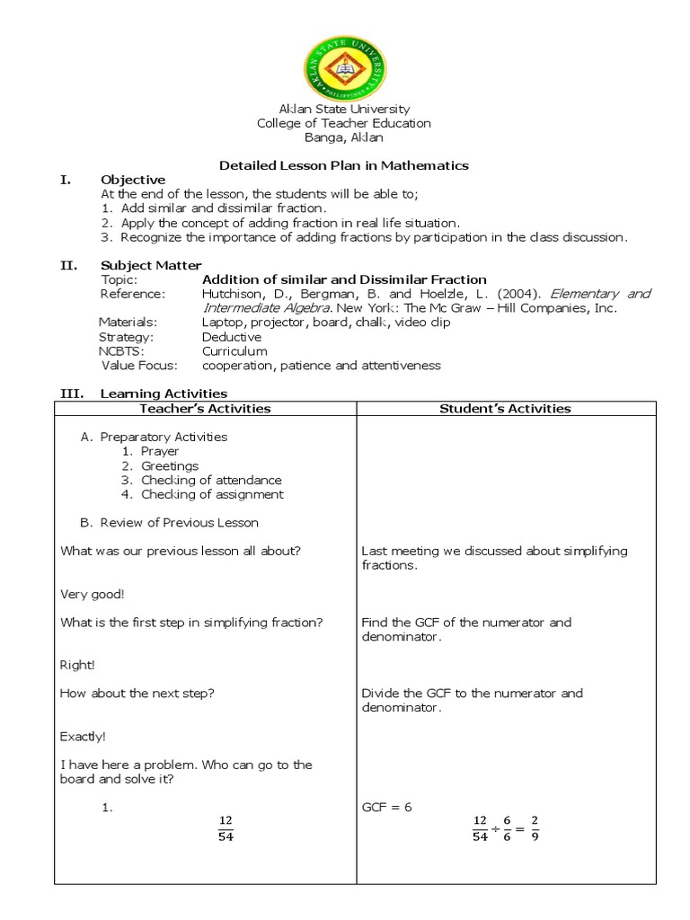 Detailed Lesson Plan in Mathematics I. Objective | PDF | Fraction ...