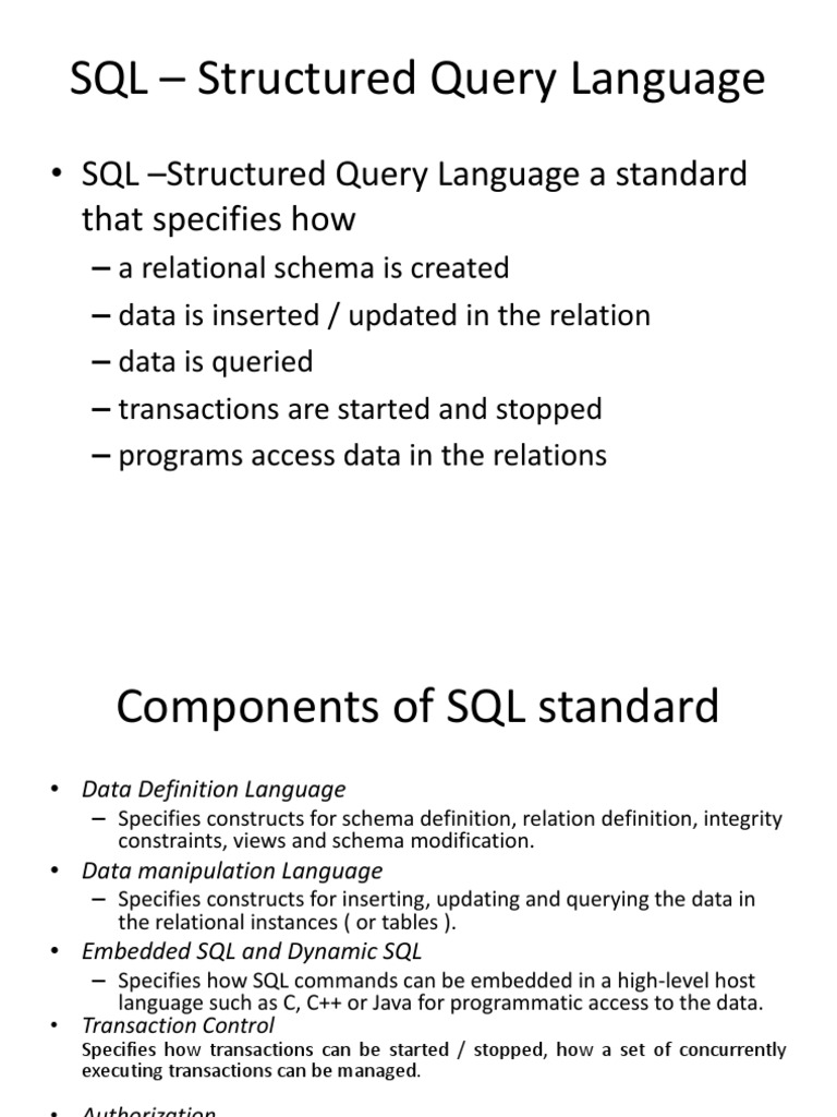 SQL - Structured Query Language A Standard That Specifies How | PDF ...