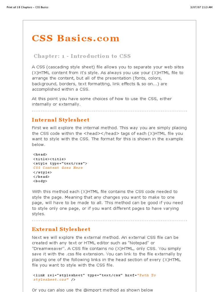 Chapter: 1 - Introduction To CSS: Internal Stylesheet | PDF | Cascading ...