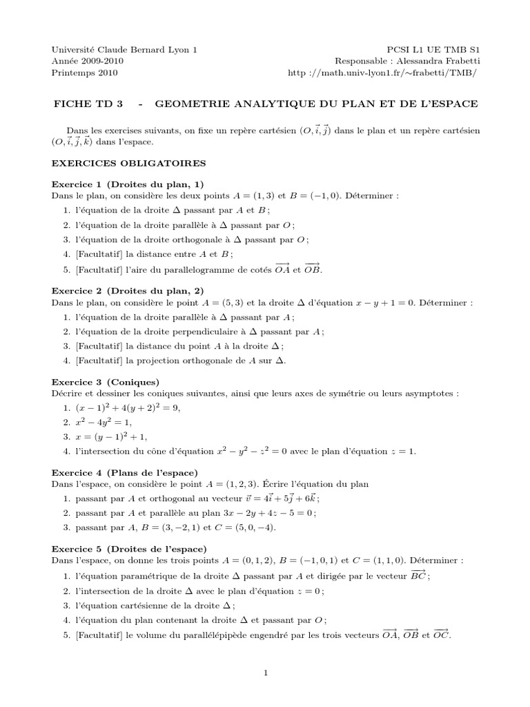 Géométrie Dans L espace Terminale Exercices Corrigés Pdf Serie de TD Geometrie Analytique Du Plan Et de L'espace | PDF | Plan ( Géométrie) | Géométrie analytique