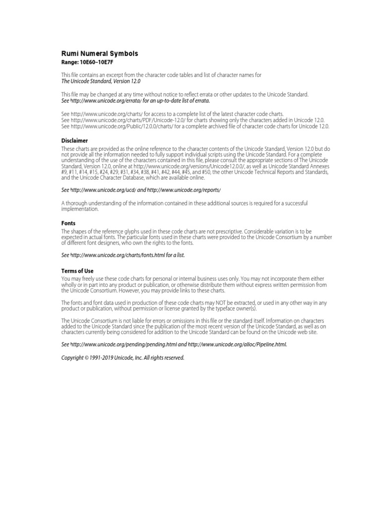 Rumi Numeral Symbols: Range: 10E60-10E7F | PDF | Typefaces