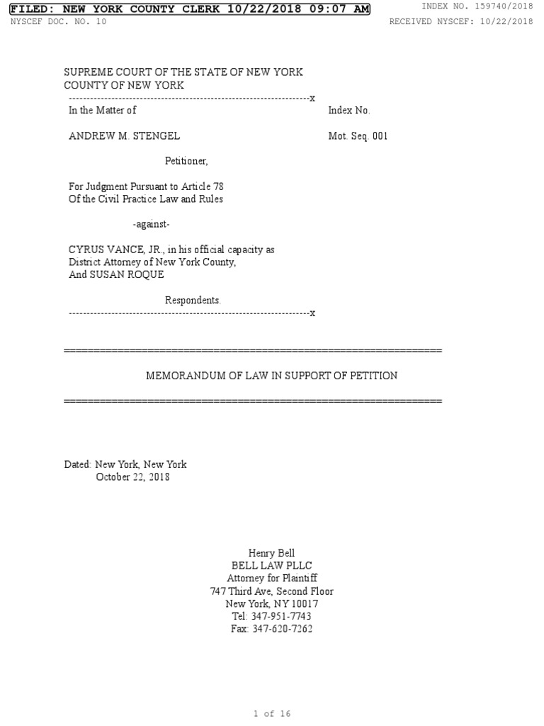 Stengel v. Vance, Et Al. Article 78 Memorandum of Law in Support of