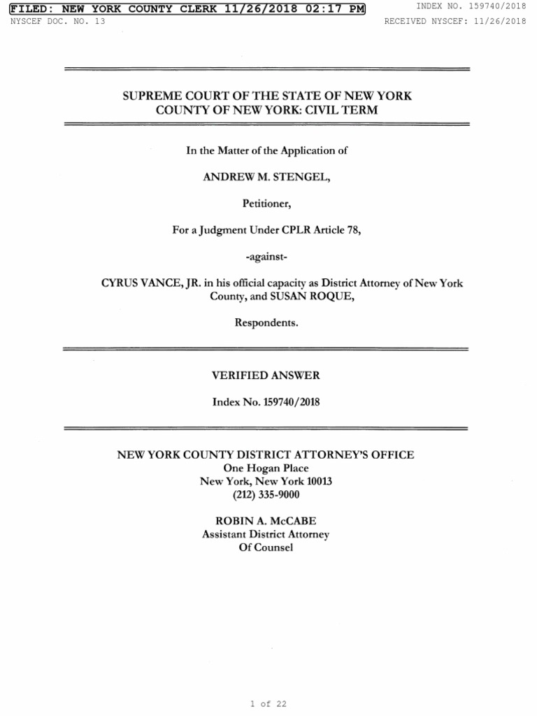 Stengel v. Vance, Et Al. Article 78 Answer PDF Discovery (Law