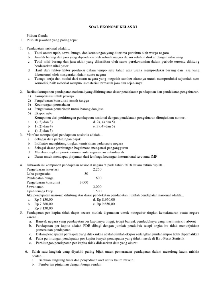 Soal Ekonomi Kelas Xi