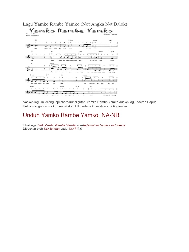 Unduh Yamko Rambe Yamko Na Nb Lagu Yamko Rambe Yamko Not Angka Not Balok