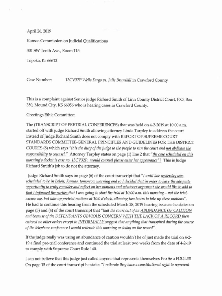 Complaint On Senior Kansas Judge Richard Smith - Kansas Commission On  Judicial Qualifications April 26 2019 | PDF | Pro Se Legal Representation  In The United States | Mortgage Loan