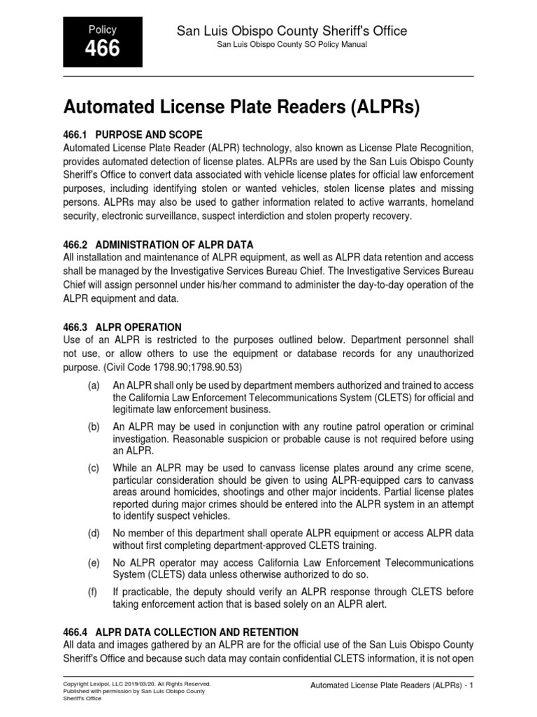 Policy 466 Automated License Plate Readers (Request No. 3) PDF
