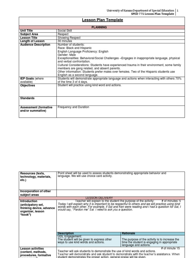 Lesson Plan: Teaching Respect Skills | PDF | Lesson Plan | Special ...
