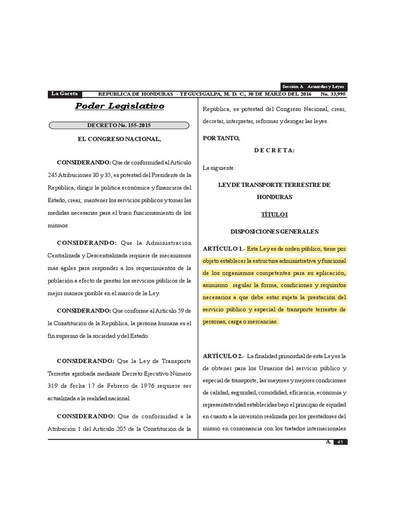 Ley de Transporte Terrestre Honduras | PDF | Honduras | Transporte
