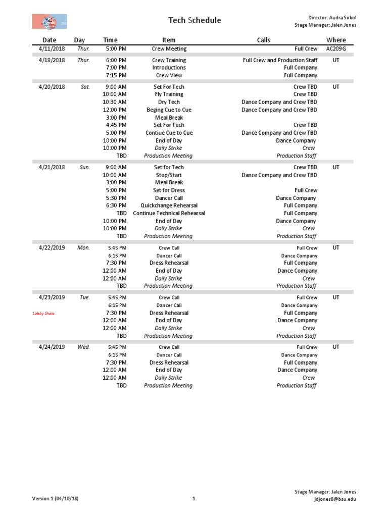 Tech Schedule Date Day Time Item Calls Where PDF Theatre