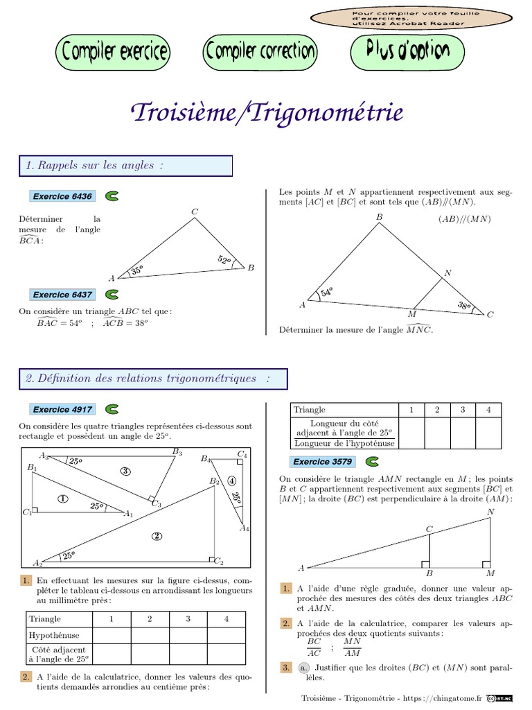 Exercices De Trigonométrie 3ème Avec Correction