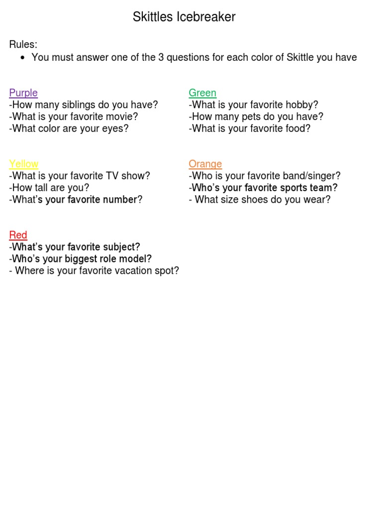 Skittles Icebreaker | PDF for Skittles Get To Know You Game Free Printable