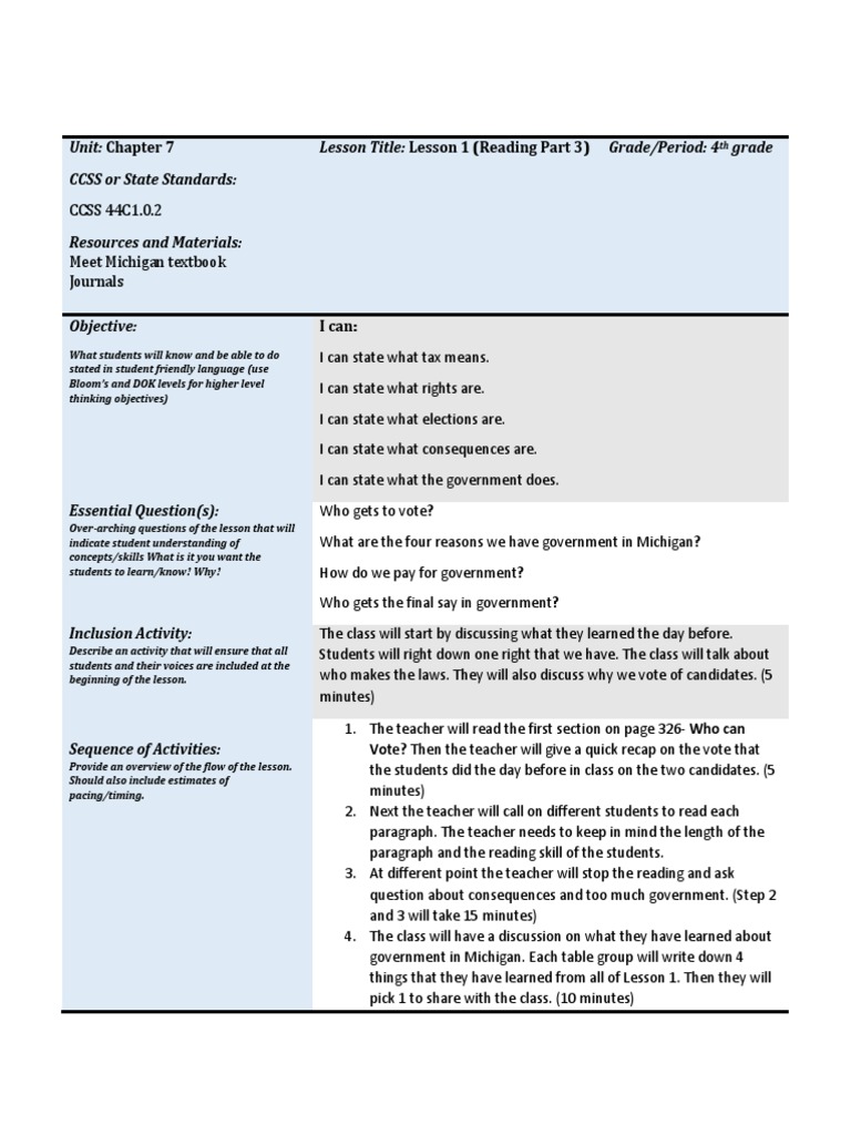 4th Grade Government Lesson Plan | PDF | Education Theory | Behavior ...