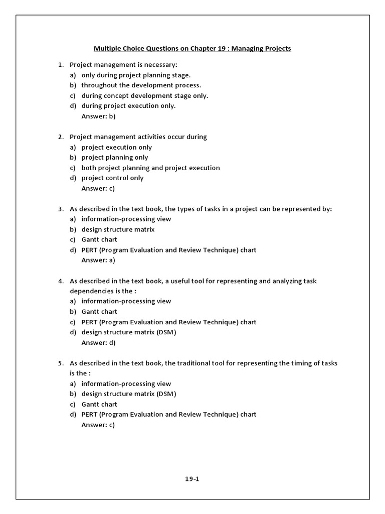 Multiple Choice Questions Chapter 19 Managing Projects Project