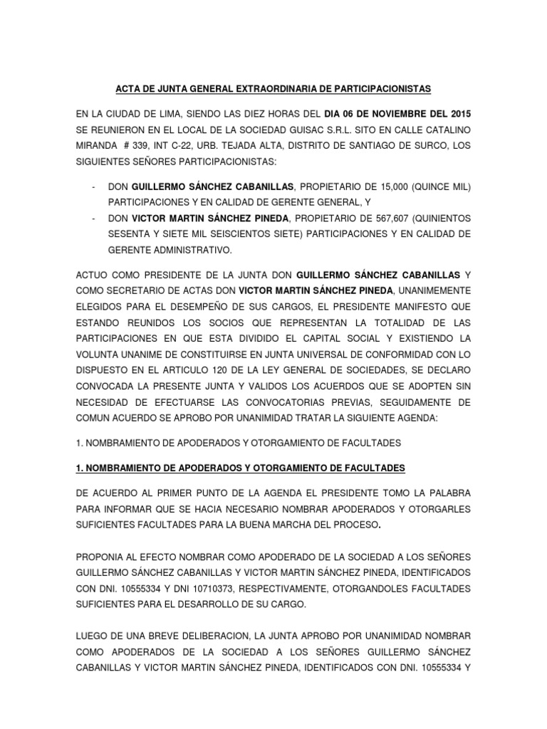 Acta de Junta General Extraordinaria de