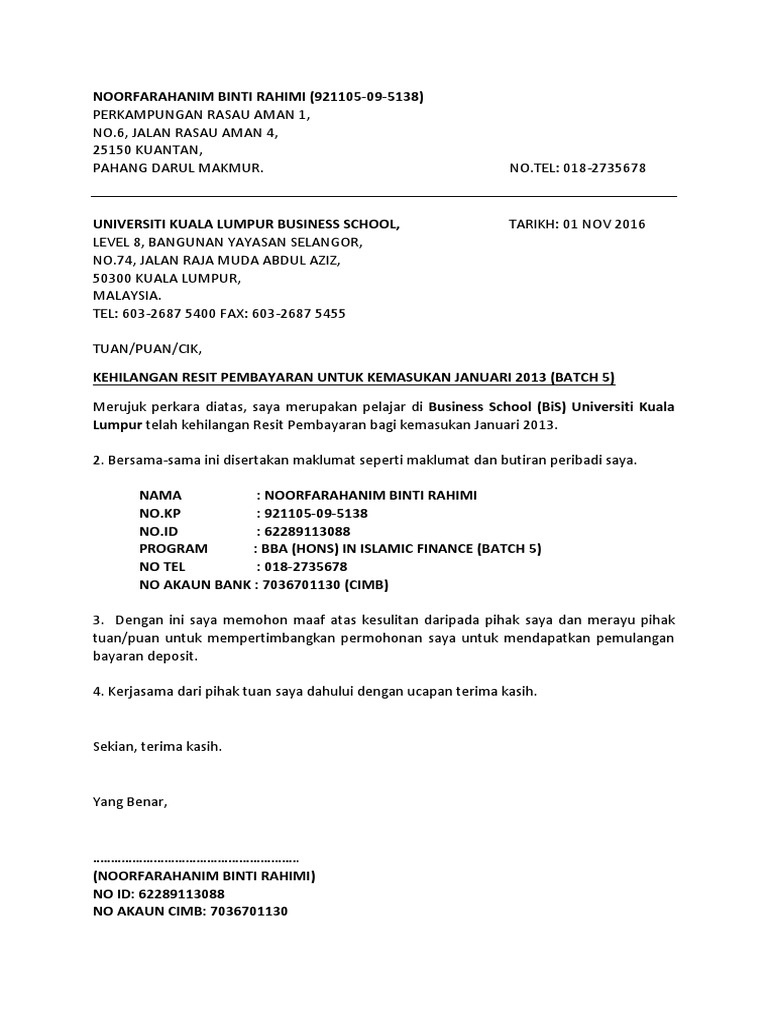 Contoh Surat Memohon Bayar Balik Duit Deposit Dari Majlis Daerah