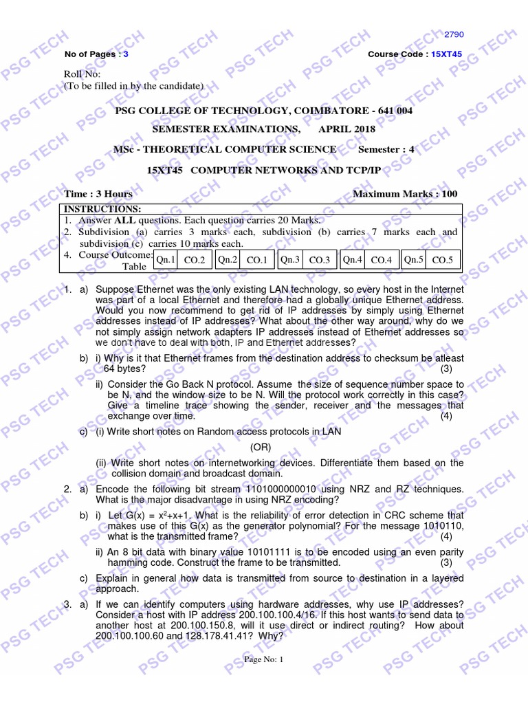 Networks Question Paper | PDF | Internet Protocol Suite | Transmission ...