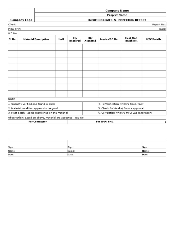 Incoming Material Inspection Report | PDF