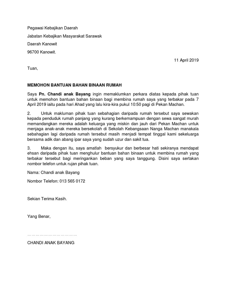 Surat Memohon Bantuan Mangsa Kebakaran Pdf