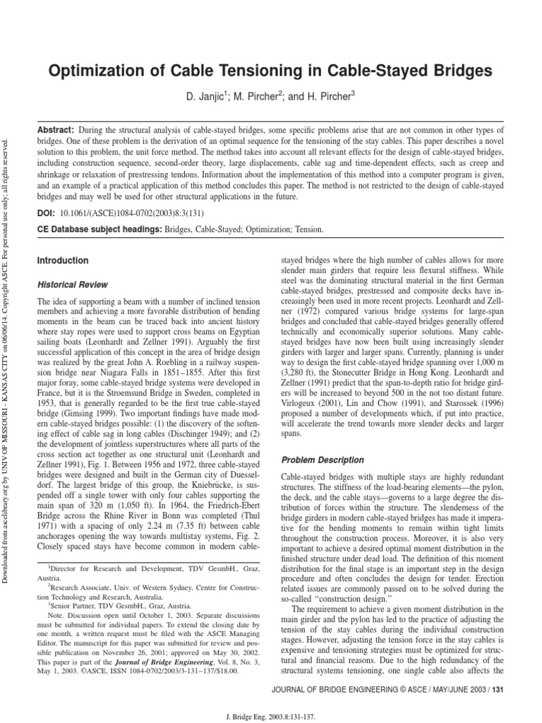 Optimization of Cable Tensioning in Cable-Stayed Bridges: D. Janjic M ...