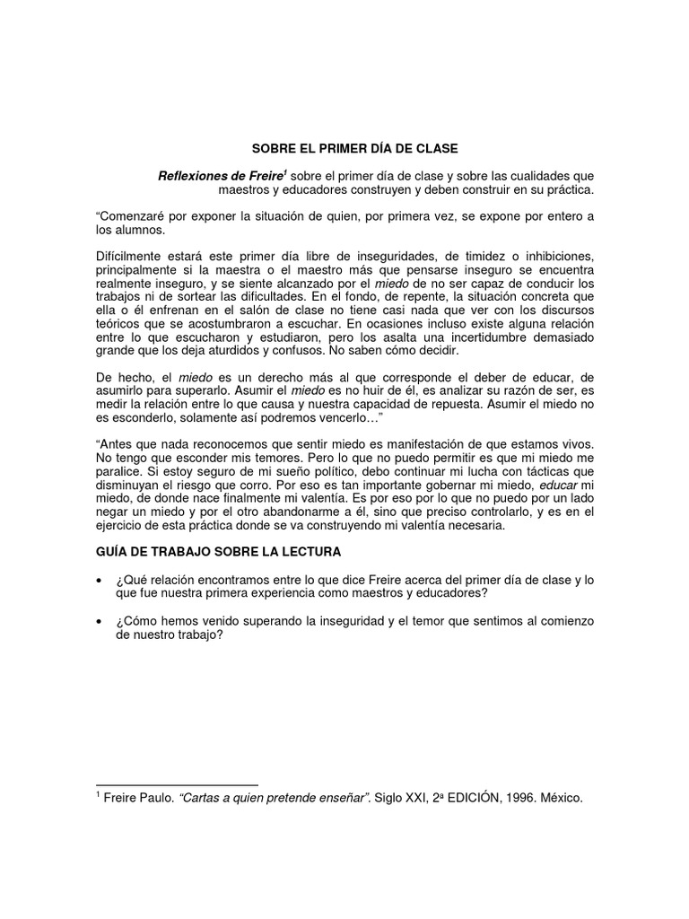 Reflexiones sobre el primer día de clases | PDF
