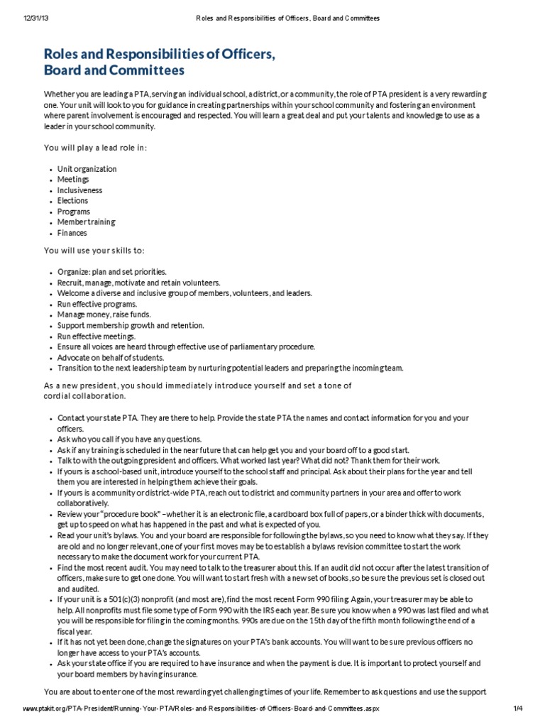 Roles and Responsibilities of Officers Board and Committees | PDF ...
