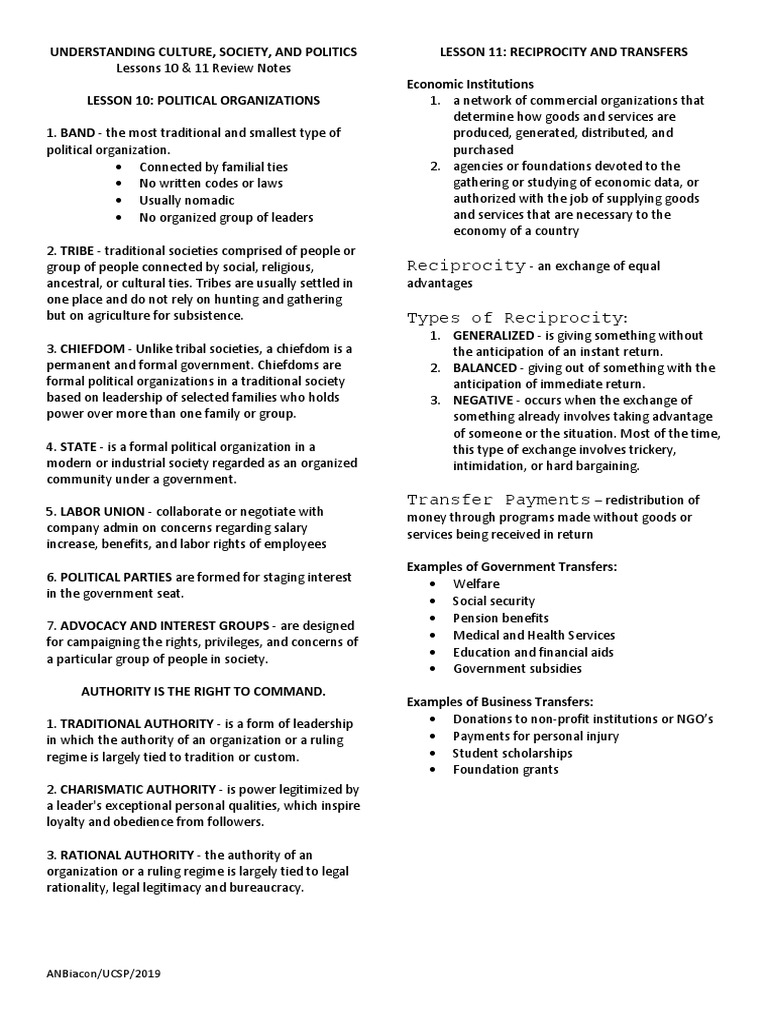UCSP Lesson 10 and 11 Notes | PDF | Society | Welfare